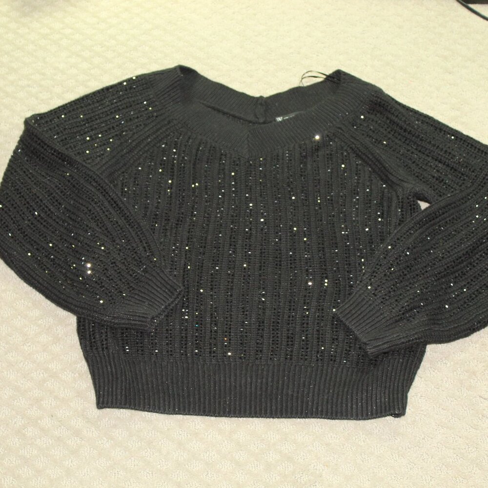 INC International Concepts Wm XL Black Beaded Chunky Knit V-Neck Balloon Sleeve